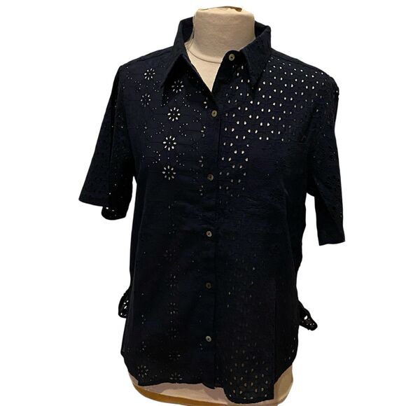 NWT SUNDANCE Sh Sleeve Eyelet Blouse Button Up Boho Academia Blue Preppy $47 M - Picture 1 of 6